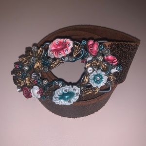 Belt Shak Floral Rhinestone brown Leather Belt